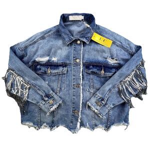 Lizette Collection Jean Jacket S/M Blue Denim Sequin Tassle Fringe Distressed